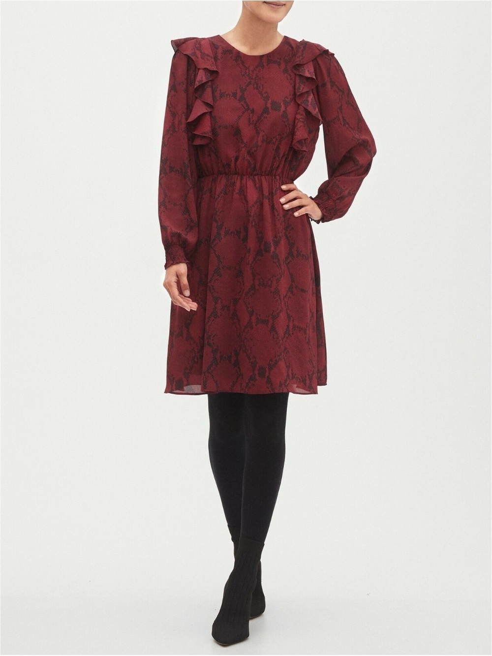 Banana Republic Burgundy Snake-Print Ruffle Long-Sleeve Dress